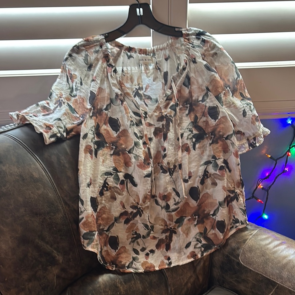 Floral Women's Top - Cream and Brown